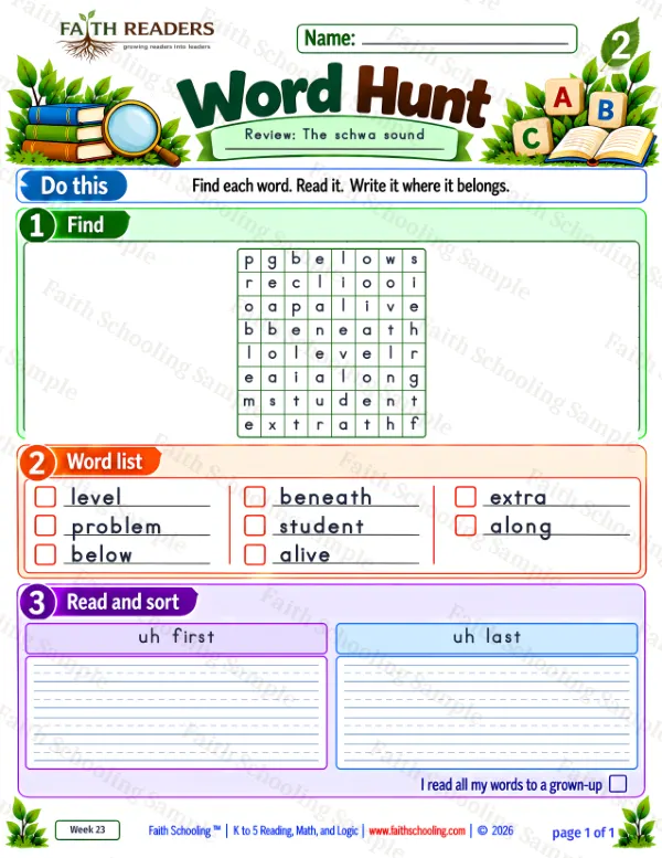 2nd Grade phonics worksheet — Schwa: the Unstressed Vowel. Word Hunt 3: the schwa sound