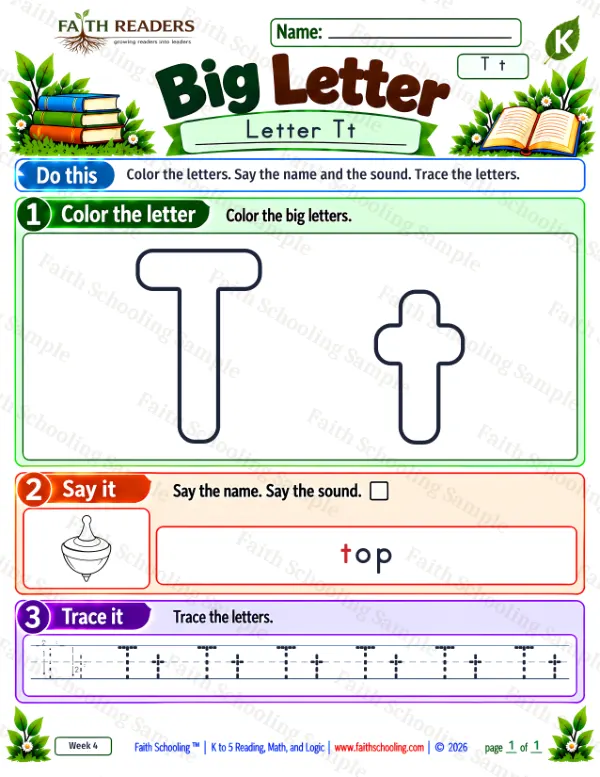 Kindergarten phonics worksheet — Letter Recognition. Big Letter 3: the letter t (top)