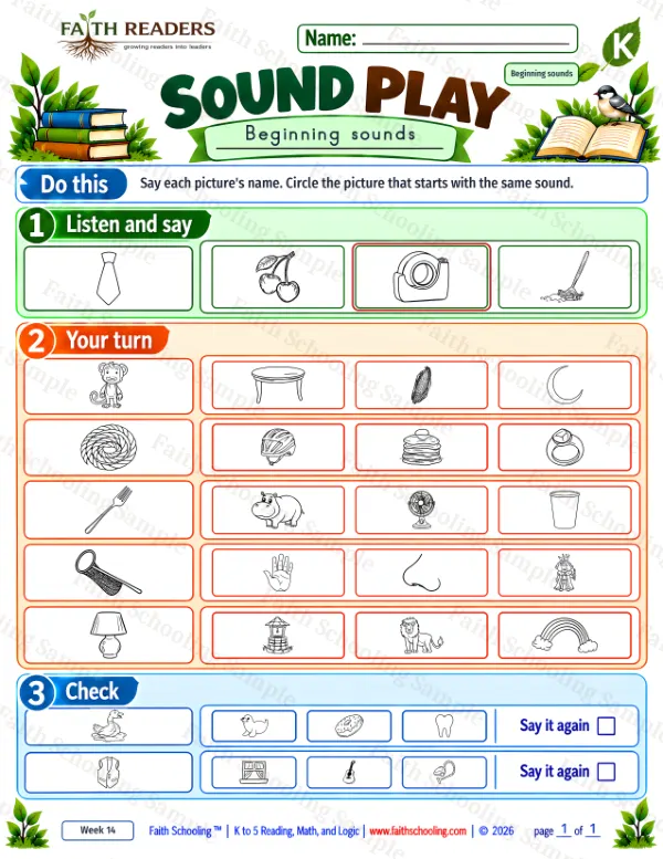 Kindergarten phonics worksheet — Beginning, Middle, and Ending Sounds. Sound Play 5: cherry, corn, cup and donut