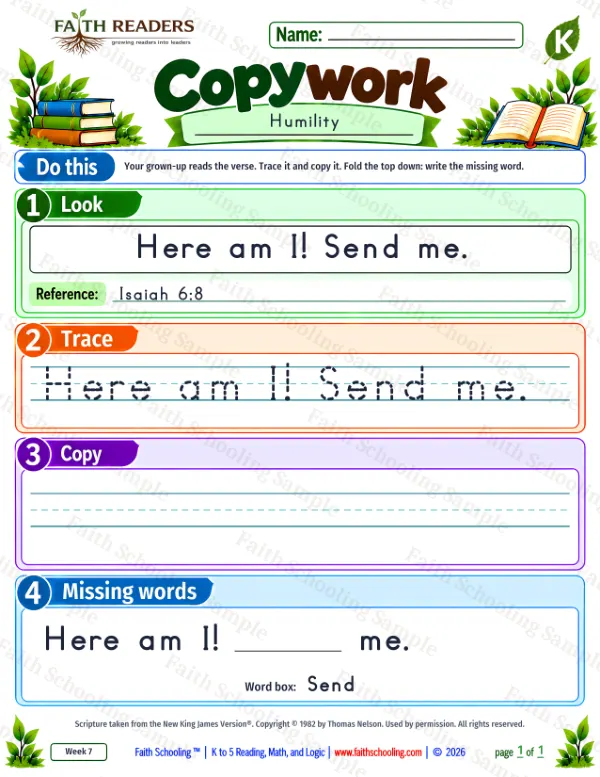 Kindergarten grammar & writing worksheet — Copywork 6: Isaiah 6:8 (Humility)
