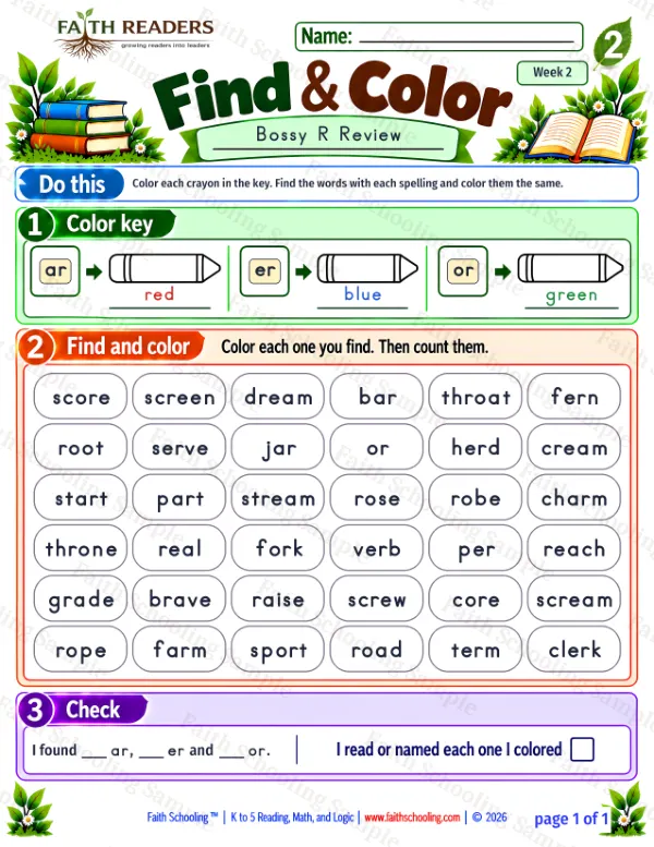 2nd Grade phonics worksheet — Find And Color 1: Bossy R Review