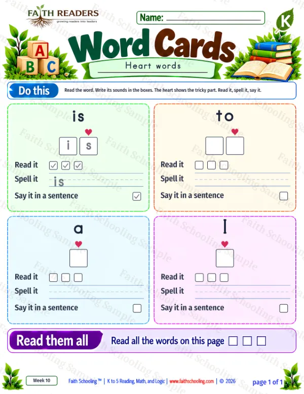 Kindergarten phonics worksheet — Sight Words. Word Cards 6: is, to, a and I