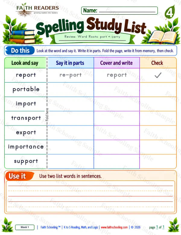 4th Grade phonics worksheet — Spelling Study List 1: Word Roots, port = carry (free printable)