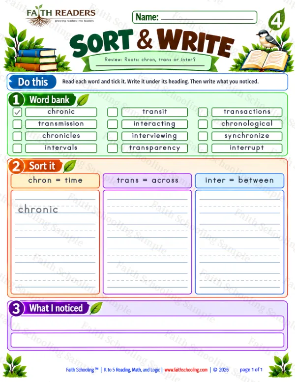4th Grade vocabulary & word study worksheet — Greek Root: chron = time. Sort And Write 4: chron, trans and inter