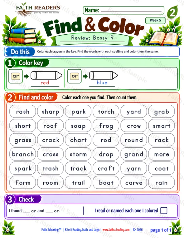 2nd Grade phonics worksheet — Find And Color 1: Bossy R