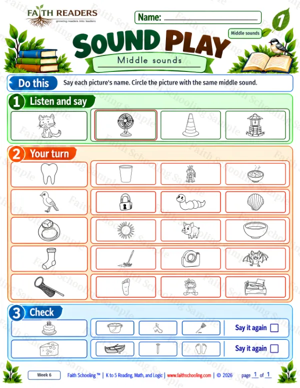 1st Grade phonics worksheet — Phonemic Awareness. Sound Play 6: bat, bed, bird and boat