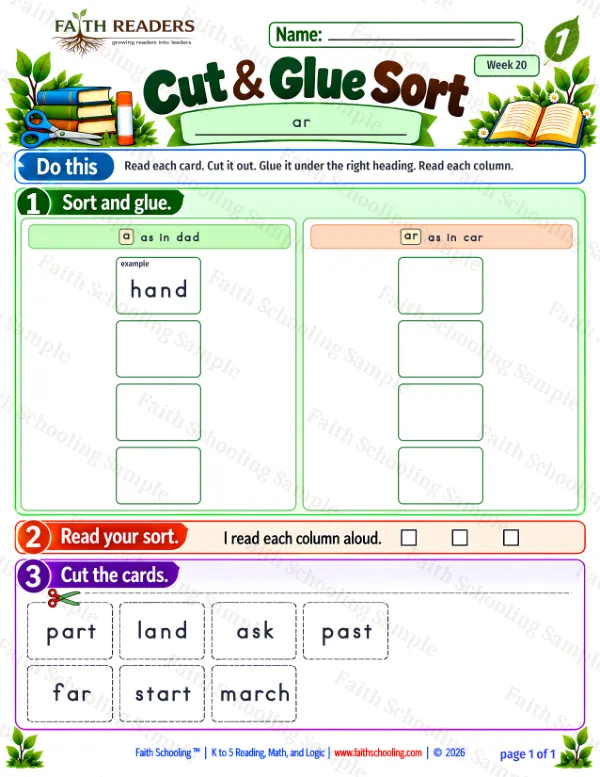 1st Grade phonics worksheet — Bossy R (r-controlled vowels). Cut And Glue Sort 2: a and ar