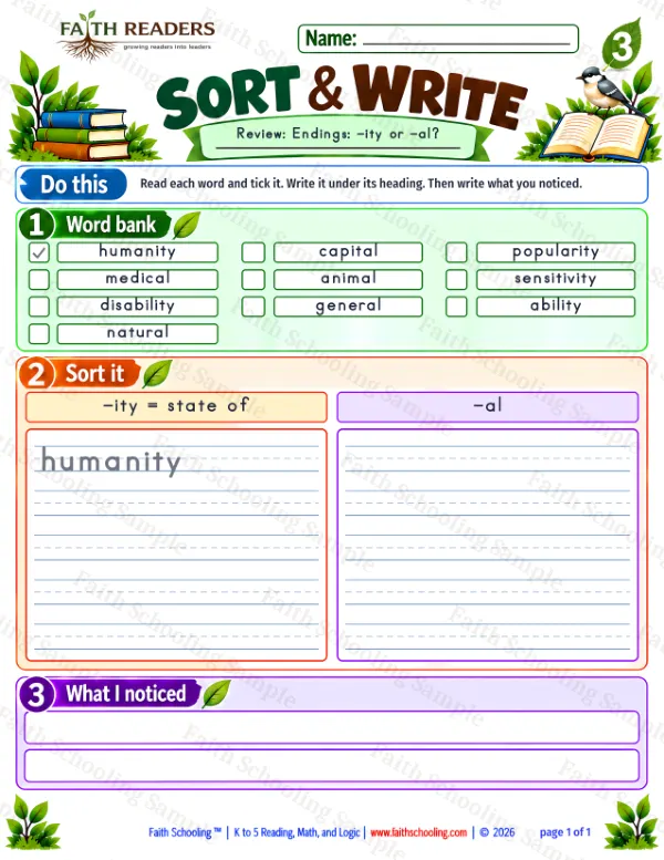 3rd Grade vocabulary & word study worksheet — Suffix -ity. Sort And Write 4: -ity and -al