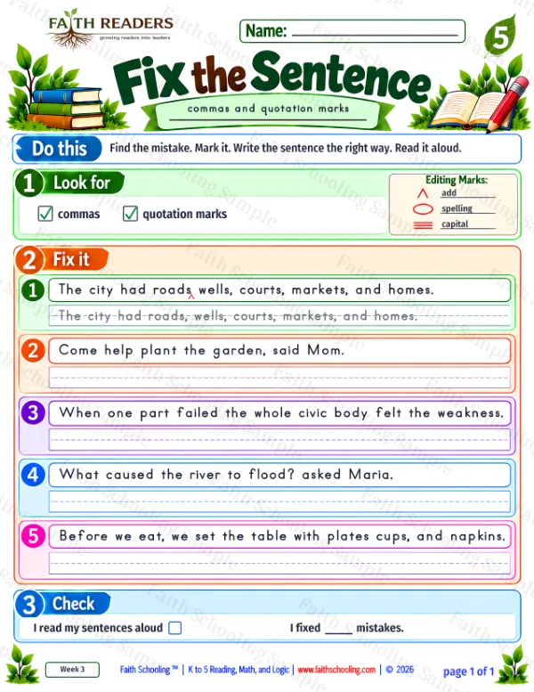 5th Grade grammar & writing worksheet — Capitalization and Punctuation. Fix The Sentence 5: commas and quotes