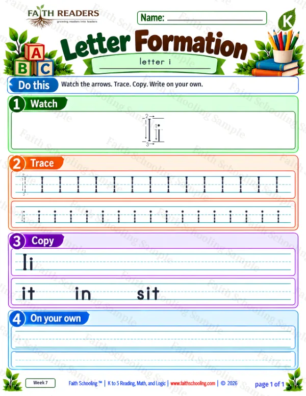 Kindergarten phonics worksheet — Letter Tracing and Printing. Letter Formation 6: i