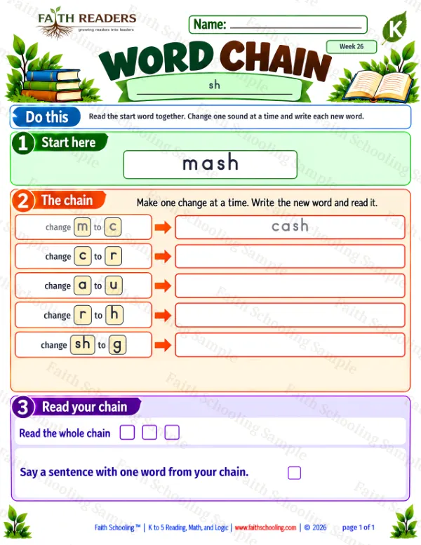 Kindergarten phonics worksheet — Digraphs sh, ch, th, wh. Word Chain 2: mash to hug