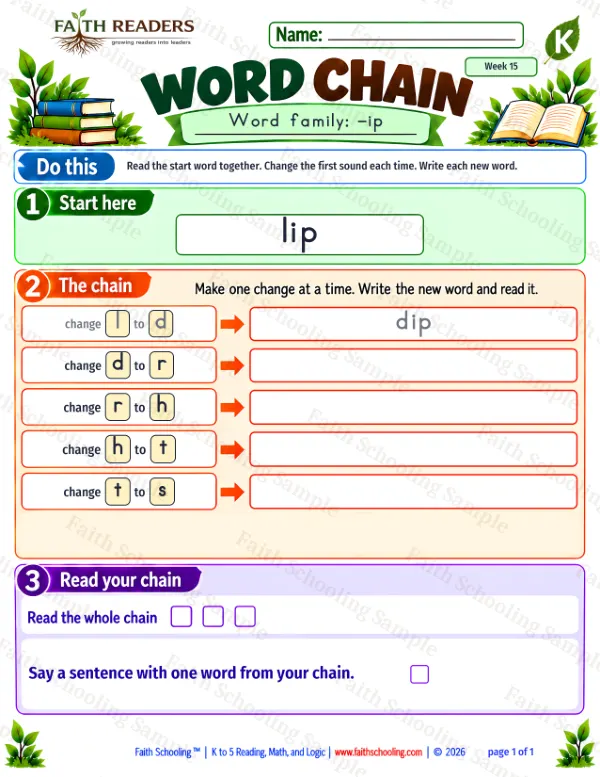 Kindergarten phonics worksheet — Word Families & Spelling. Word Chain 1: lip to sip (free printable)