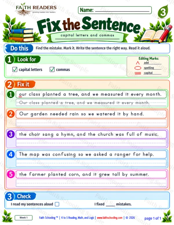 Grade 3 grammar & writing worksheet: Capitalization Punctuation, free printable page