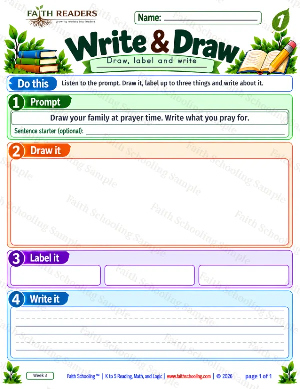 1st Grade grammar & writing worksheet — Sentence Writing. Write And Draw 8: Draw your family at prayer time.