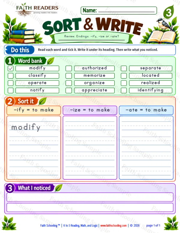 3rd Grade vocabulary & word study worksheet — The -ify Suffix. Sort And Write 3: -ify, -ize and -ate