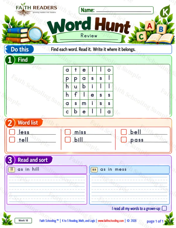 Kindergarten phonics worksheet — Word Games & Puzzles. Word Hunt 2: ll and ss