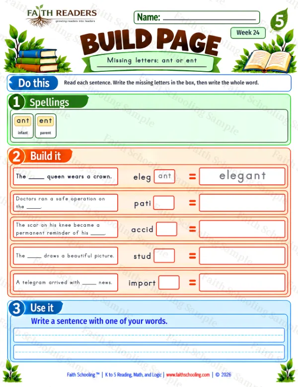 5th Grade phonics worksheet — Missing & Hidden Letters. Build 5: ant or ent