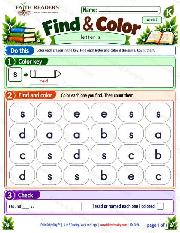 Kindergarten phonics worksheet — Find the Letter. Find And Color 1: s (free printable)