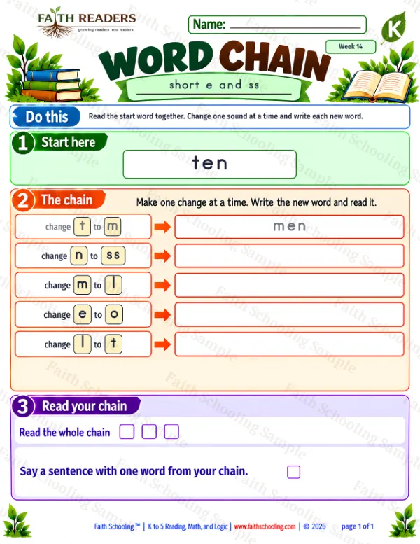 Kindergarten phonics worksheet — Short E. Word Chain 1: ten to toss