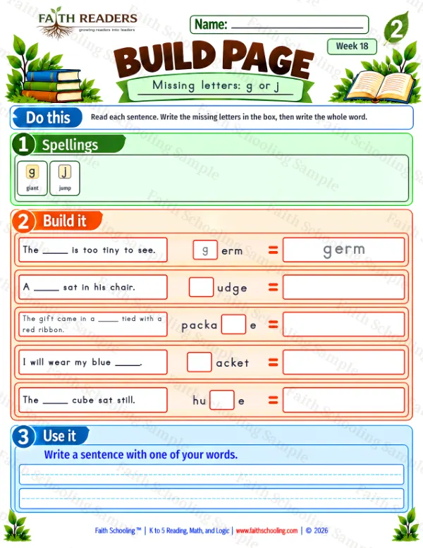 2nd Grade phonics worksheet — Missing & Hidden Letters. Build 3: g or j