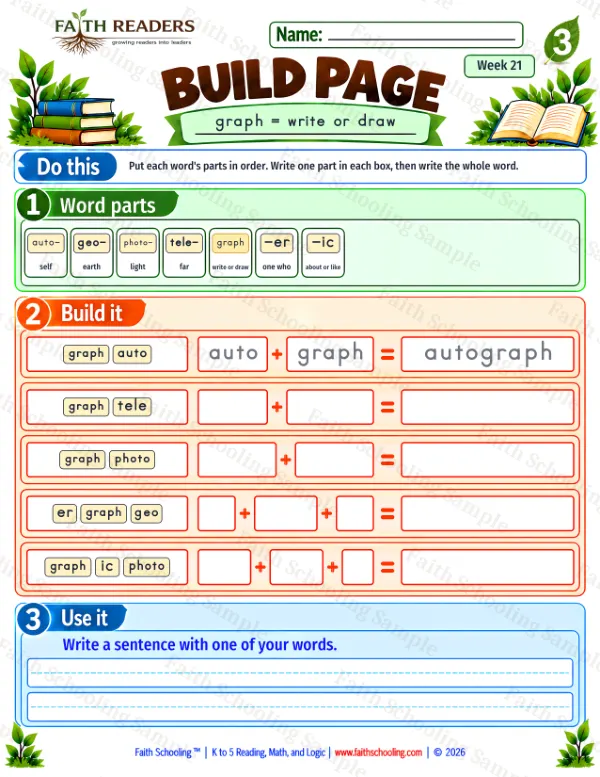 3rd Grade vocabulary & word study worksheet — Build 1: graph = write or draw