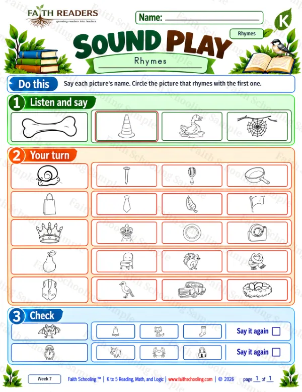 Kindergarten phonics worksheet — Phonemic Awareness. Sound Play 7: bag, bat, bell and bird
