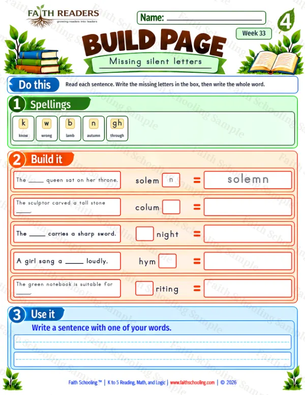 4th Grade phonics worksheet — Build 2: Missing silent letters