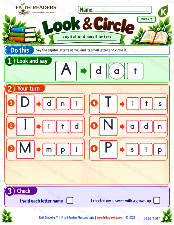 Kindergarten phonics worksheet — Uppercase & Lowercase Matching. Look And Circle 4: D, I, M and T