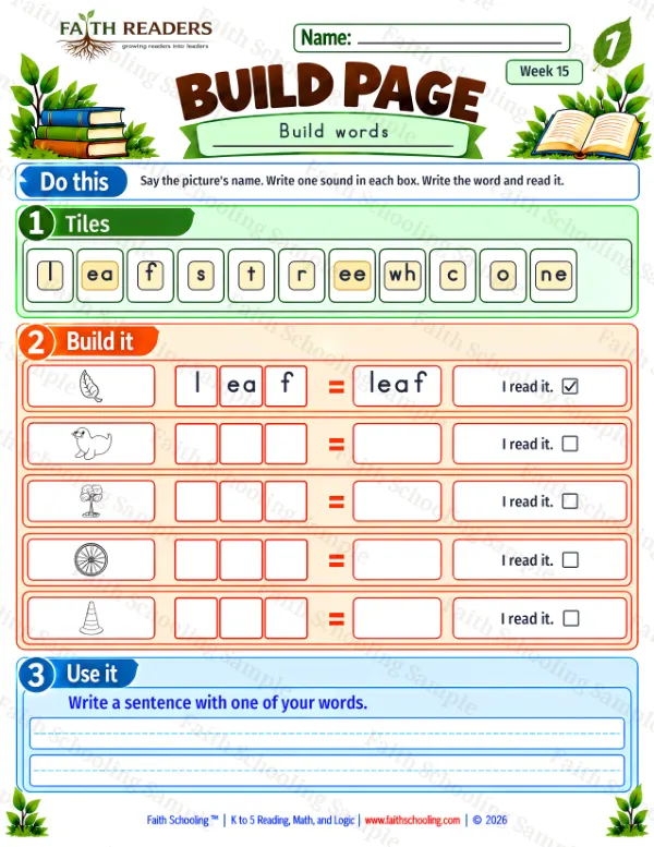 1st Grade phonics worksheet — Long E Teams. Build 1: leaf, seal, tree and wheel