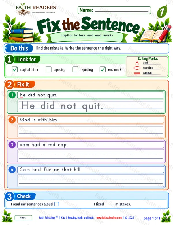 Grade 1 grammar & writing worksheet: Capitalization Punctuation, free printable page