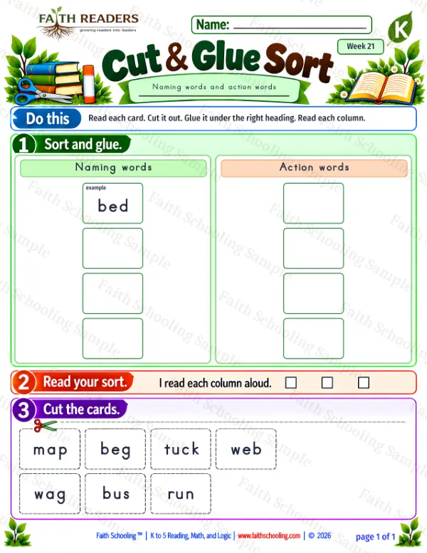 Kindergarten grammar & writing worksheet — Parts of Speech. Cut And Glue Sort 2: naming and action