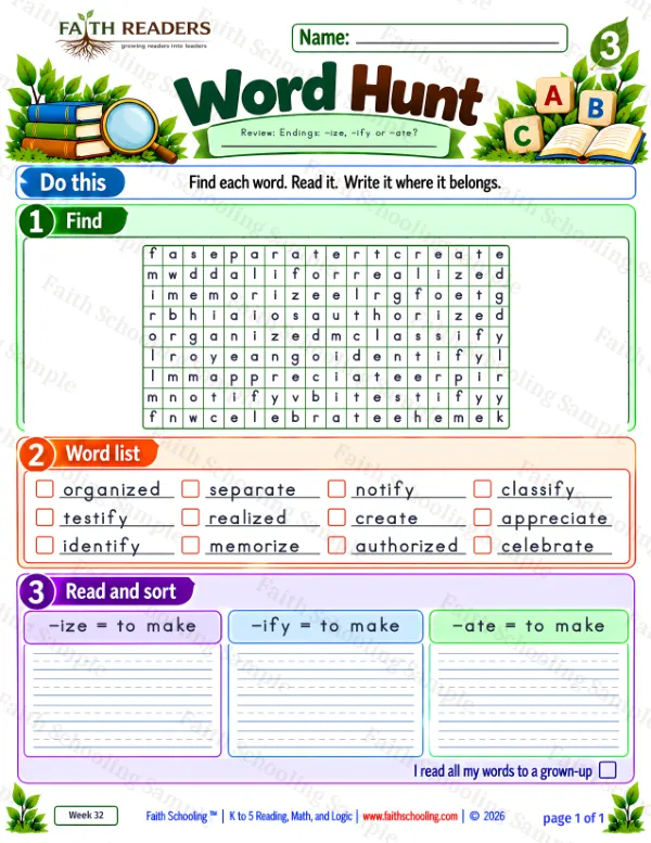 3rd Grade vocabulary & word study worksheet — The -ize Suffix. Word Hunt 4: -ize, -ify and -ate