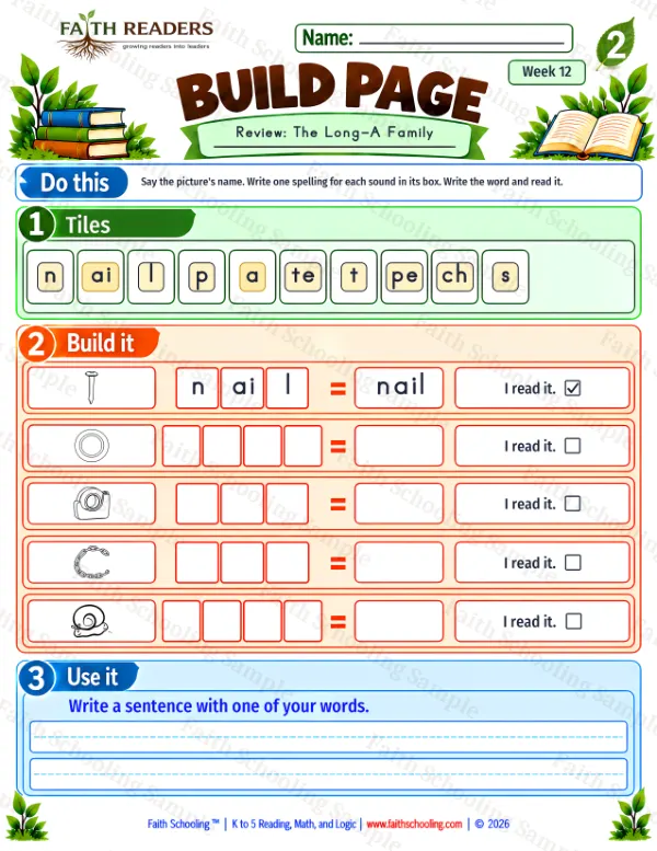 2nd Grade phonics worksheet — Word Building & Unscramble. Build 6: nail, plate, tape and chain