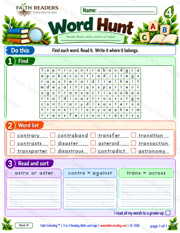 4th Grade vocabulary & word study worksheet — Greek Root: astro, aster = star. Word Hunt 3: astro or aster