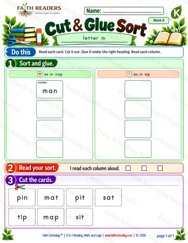 Kindergarten phonics worksheet — Short I. Cut And Glue Sort 2: a and i