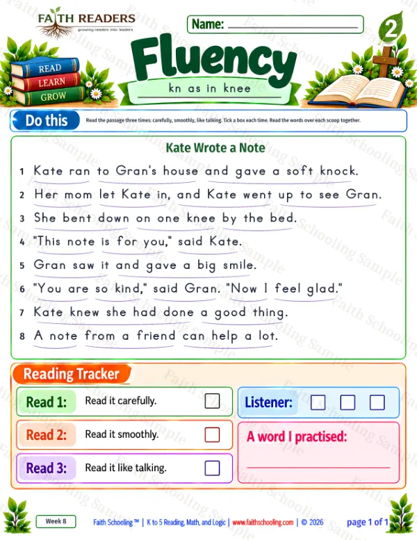 2nd Grade phonics worksheet — Silent Letters kn and wr. Fluency 2: Kate ran to Gran's house and gave a soft knock.