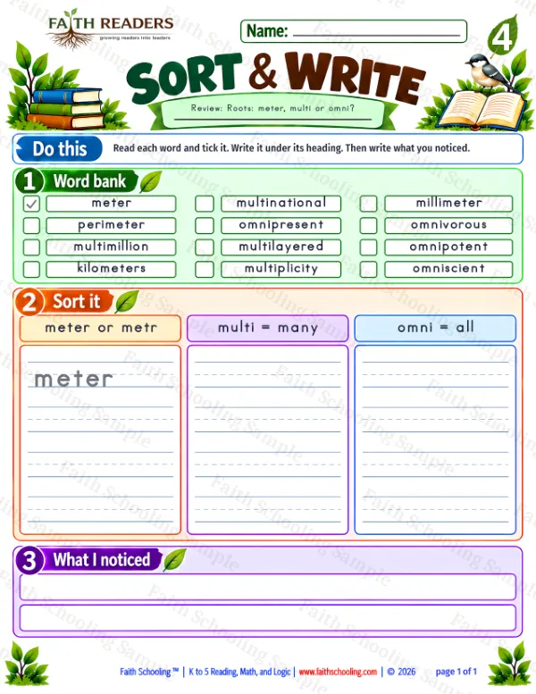 4th Grade vocabulary & word study worksheet — Greek Root: meter = measure. Sort And Write 2: meter or metr