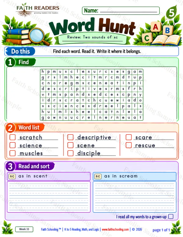 5th Grade phonics worksheet — Word Hunt 4: Silent C in SC - The S Takes Over