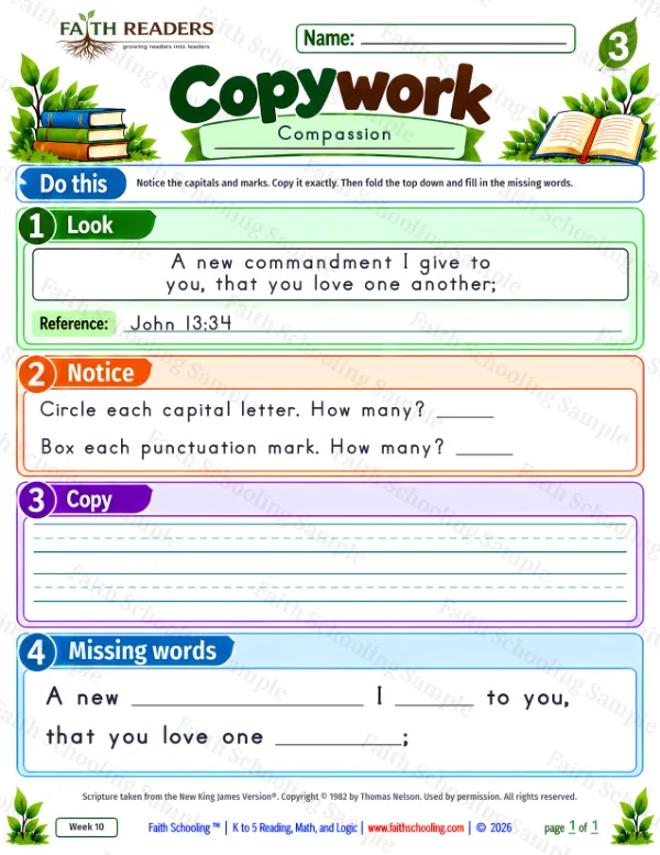 3rd Grade grammar & writing worksheet — Copywork 9: John 13:34 (Compassion)