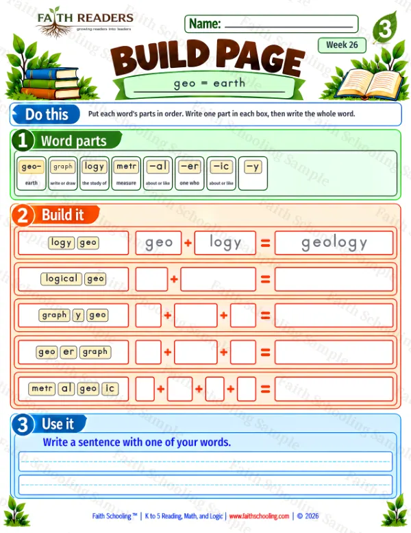 3rd Grade vocabulary & word study worksheet — Greek Root: geo = earth. Build 2: geo = earth