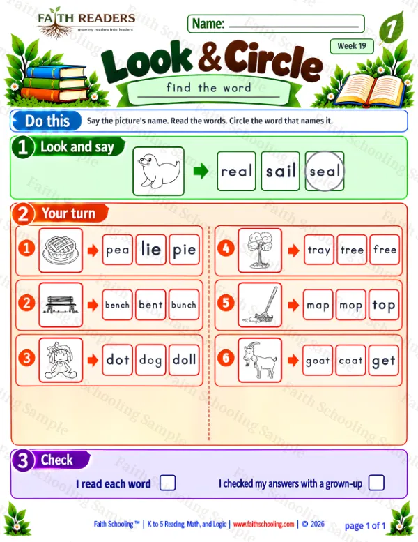 1st Grade phonics worksheet — Find & Circle Words. Look And Circle 6: pie, bench, doll and tree