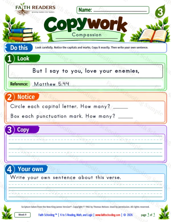 3rd Grade grammar & writing worksheet — Copywork 8: Matthew 5:44 (Compassion)