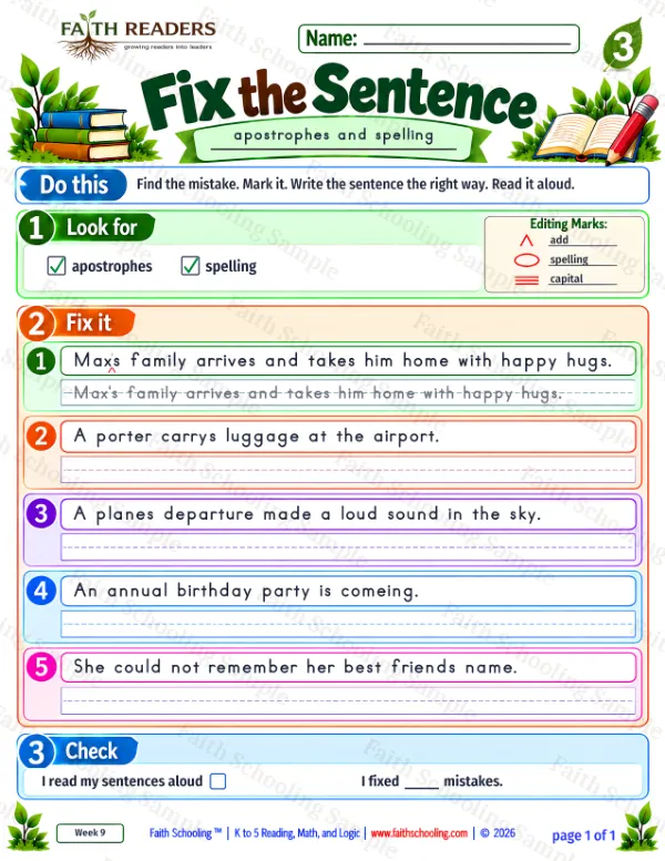 3rd Grade grammar & writing worksheet — Edit and Repair. Fix The Sentence 9: apostrophes and spelling