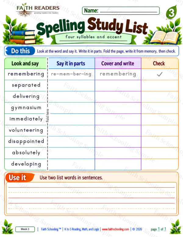 3rd Grade phonics worksheet — Spelling Study List 5: four syllables and accent