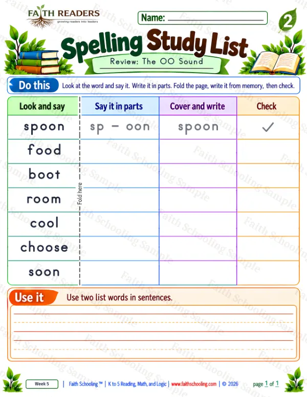 2nd Grade phonics worksheet — Spelling Study List 8: The OO Sound