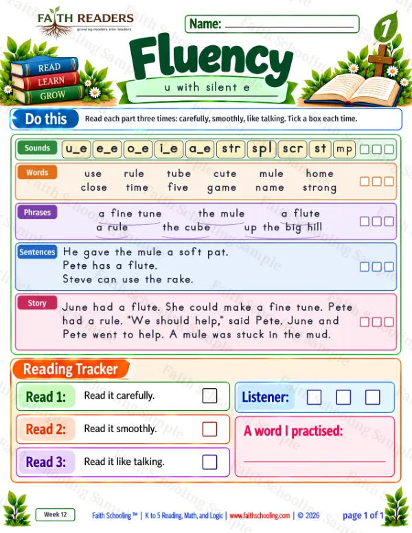1st Grade phonics worksheet — Magic E: u-e. Fluency 1: use, rule, tube and cute