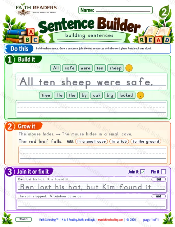 2nd Grade grammar & writing worksheet — Sentence Building. Sentence Builder 8: All ten sheep were safe.