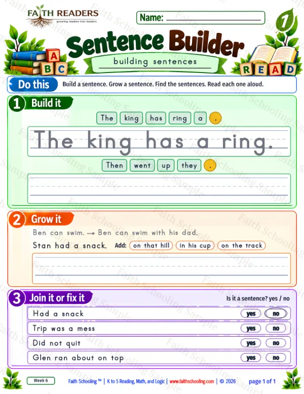 1st Grade grammar & writing worksheet — Sentence Building. Sentence Builder 9: The king has a ring.