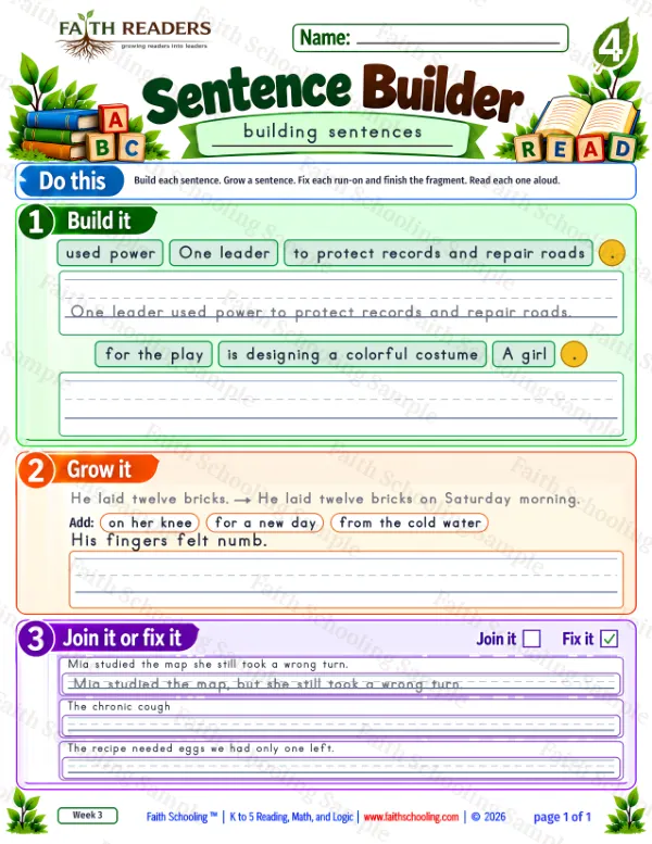 4th Grade grammar & writing worksheet — Sentence Building. Sentence Builder 8: One leader used power to protect records and repair roads.