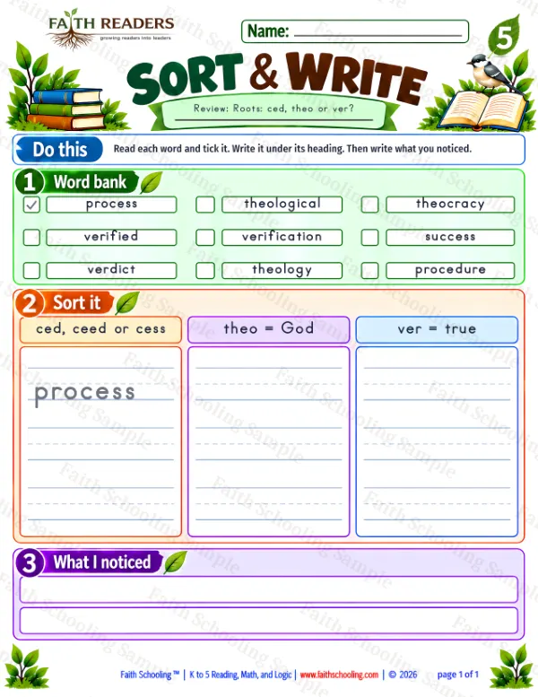 5th Grade vocabulary & word study worksheet — Latin Root: ced, ceed, cess = go. Sort And Write 3: ced or ceed or cess
